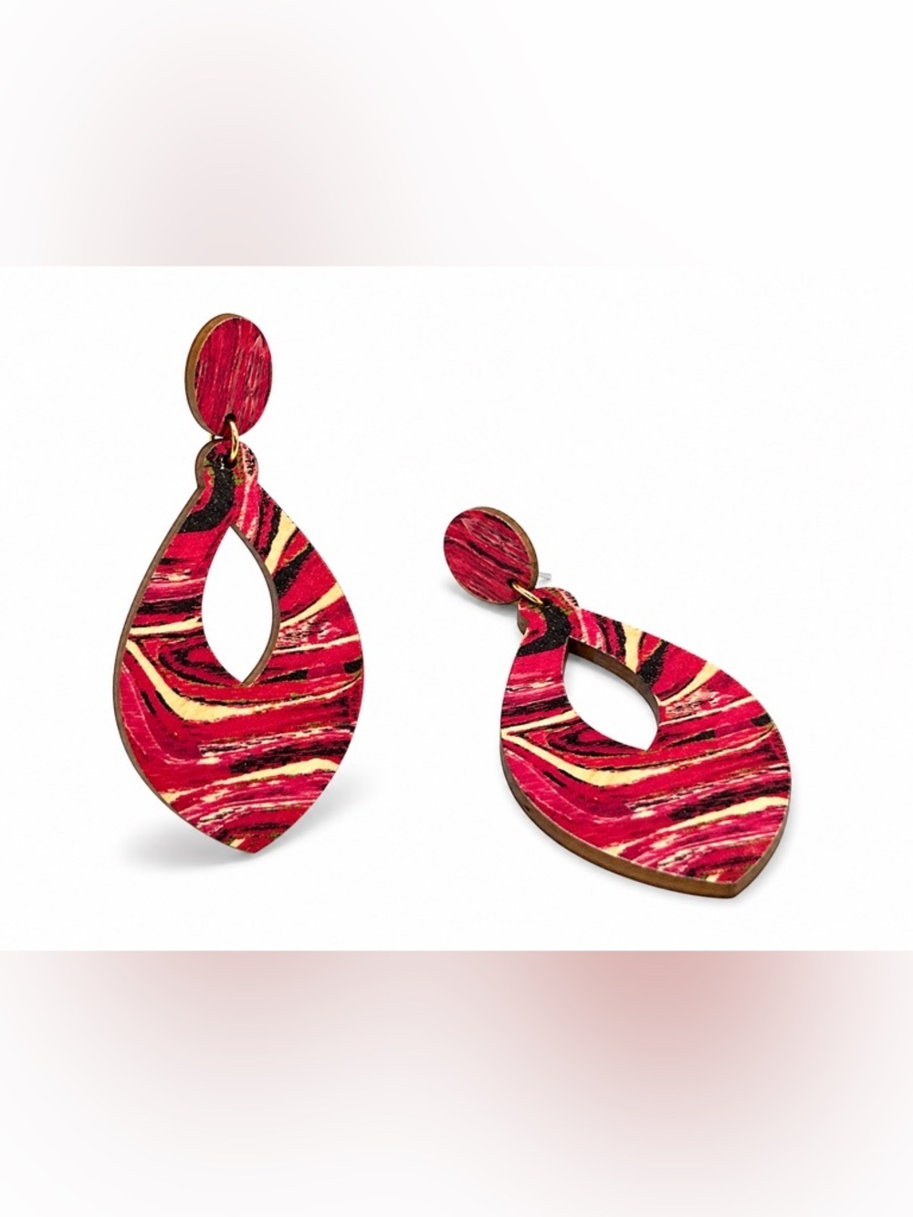 Statement Wooden Teardrop Cutout Earrings – Pink Marble Design